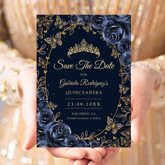 Save The Date Navy Gold Butterflies Roses Quinceanera