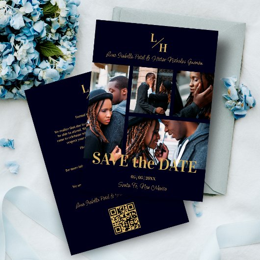 Save The Date Navy & Gold Simple Classic 4 Multi Photos Collage