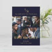 Save The Date Navy & Gold Simple Classic 4 Multi Photos Collage (Debout devant)