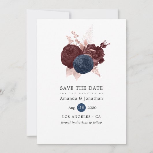 Save The Date Navy, Marron et Rose Gold Floral Enregistrer la Da (Devant)