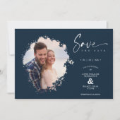 Save The Date Navy Modern Grunge Ink Effect Photo Engaged Couple (Devant)