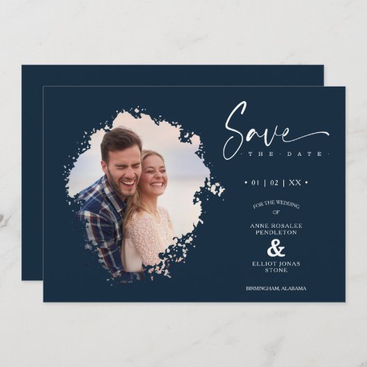 Save The Date Navy Modern Grunge Ink Effect Photo Engaged Couple (Devant / Derrière)