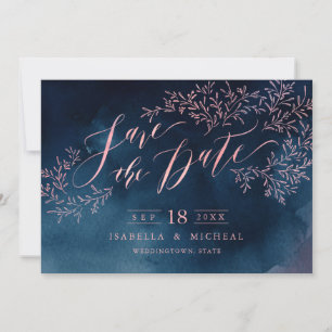 Save The Date Navy rougissant floral rustique calligraphie enreg