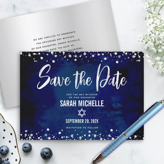 Save The Date Navy Silver Glitter Bar Mitzvah Script Moderne Gra