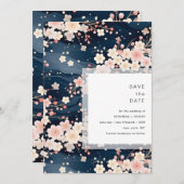 Save The Date Navy Waves Sakura Blossom Modern Wedding (Devant / Derrière)