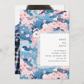 Save The Date Navy Waves Sakura Blossom Modern Wedding (Devant / Derrière)