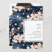 Save The Date Navy Waves Sakura Blossom Modern Wedding (Devant / Derrière)