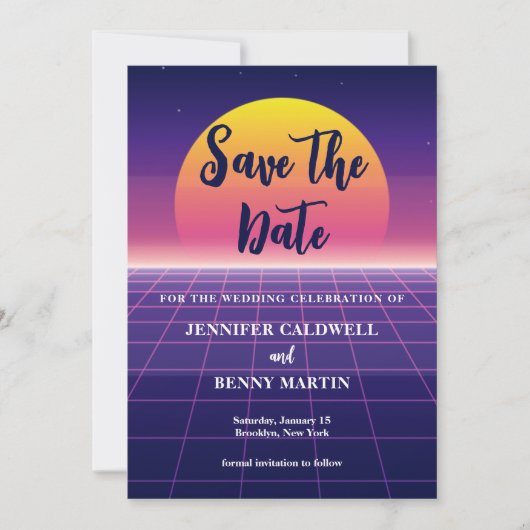 Save The Date Neon 80s Purple Synthwave Sunset Rock Star (Devant)