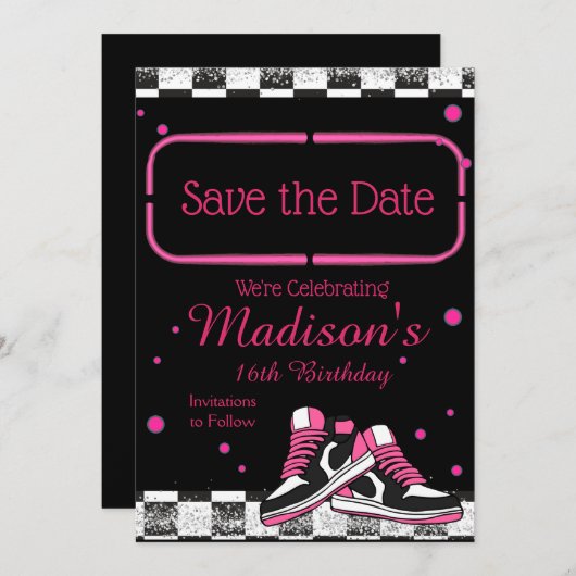 Save The Date Neon Basket Anniversaire, Parties scintillant (Devant / Derrière)