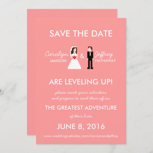 Save The Date Nerdy Pink 8-Bit Bride & Groom Enregistrer les dat (Devant / Derrière)
