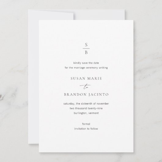 Save The Date Nettoyer noir et blanc Monogramme Mariage moderne (Devant)