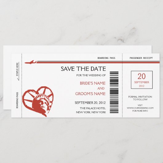 Save The Date New York Boarding Pass Enregistrer la date Invitat (Devant / Derrière)