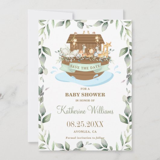 Save The Date Noah's Ark Animaux Baby shower verdoyant Neutre (Devant)
