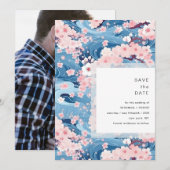 Save The Date Noces Modernes Navy Sakura Fleurit (Devant / Derrière)