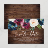 Save The Date Noces Navy Rustique Bois Vin Rouge Bourgogne Fleur (Devant / Derrière)