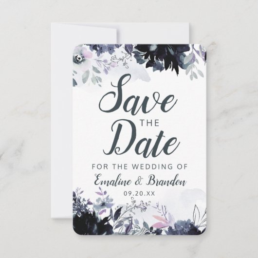 Save The Date Nocturne Floral Navy Dusty Blue Brush Strokes (Devant)