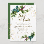 Save The Date Noël À feuillage persistant Berries rouges Mariage (Devant / Derrière)
