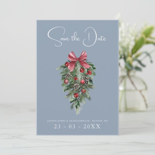 Save The Date Noël Dusty Blue Winter Mariage (Debout devant)