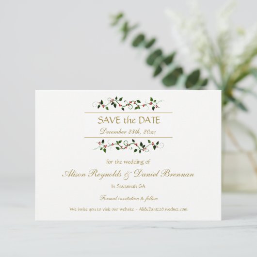 Save The Date Noël Holiday Holly Ivy Wedding Enregistrer la date (Debout devant)