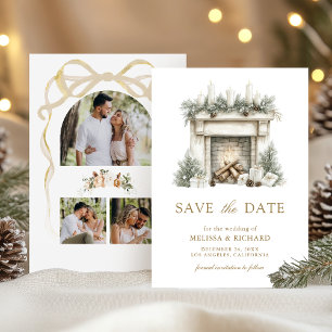 Save The Date Noël Ivory Gold Cheminée Nœud Photo Mariage