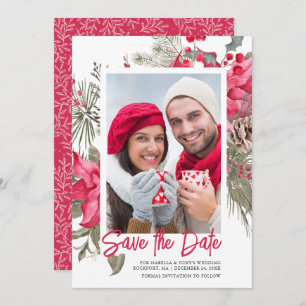 Save The Date Noël Poinsettia Rouge Floral Vignon Pin