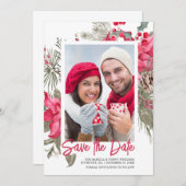 Save The Date Noël Poinsettia Rouge Floral Vignon Pin (Devant / Derrière)