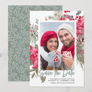 Save The Date Noël Poinsettia Rouge Floral Vignon Pin