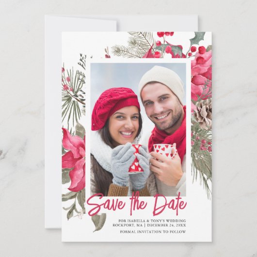 Save The Date Noël Poinsettia Rouge Floral Vignon Pin (Devant)