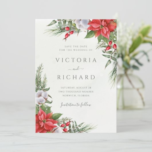 Save The Date Noël Poinsettia Végétation d'hiver Botanique (Debout devant)