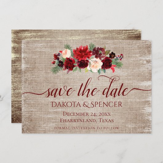Save The Date Noël Russe Boho Floral Bourgogne or Burlap (Devant / Derrière)