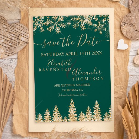 Save The Date Noël vert pin d'or chic