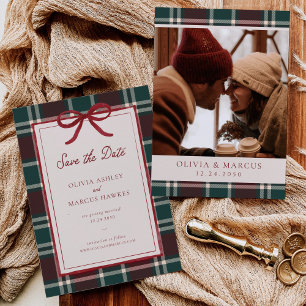Save The Date Nœud de Noël à carreaux vert Bourgogne Mariage