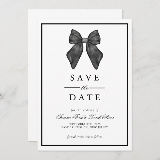Save The Date Nœud Ruban Classique Mariage Noir & Blanc (Devant / Derrière)