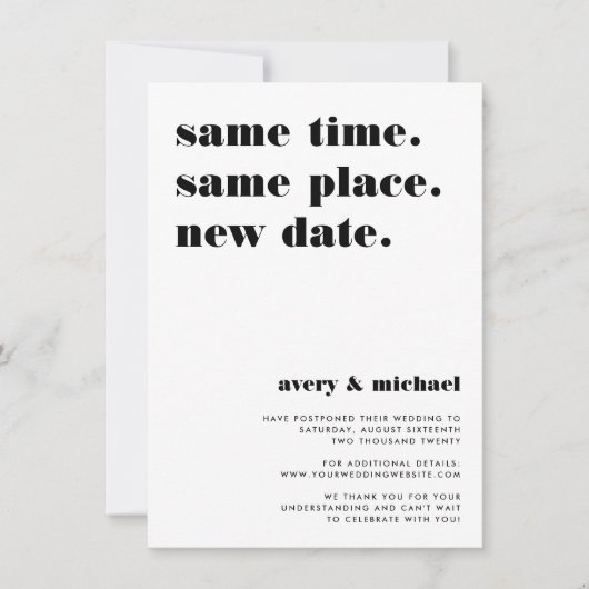 Save The Date Noir | Annonce de report de mariage moderne (Devant)