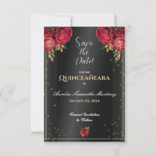 Save The Date Noir avec Roses Rouges Quinceañera Enregistrer la 