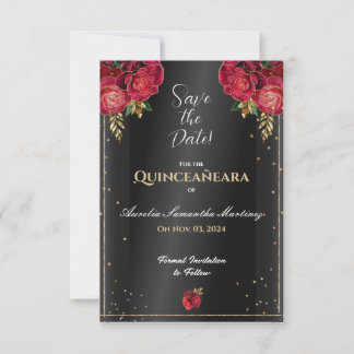 Save The Date Noir avec Roses Rouges Quinceañera Enregistrer la
