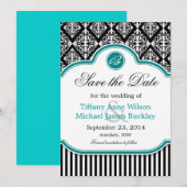 Save The Date Noir blanc damassé bleu turquoise mariage enregist (Devant / Derrière)