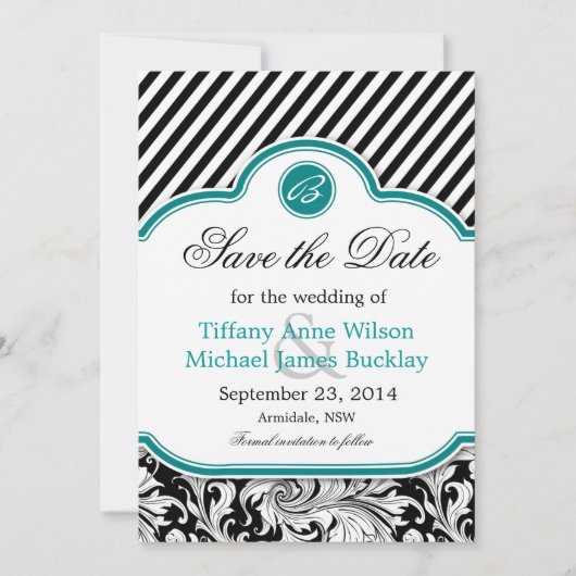 Save The Date Noir blanc damassé bleu turquoise mariage enregist (Devant)