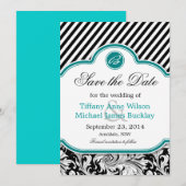 Save The Date Noir blanc damassé bleu turquoise mariage enregist (Devant / Derrière)