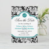 Save The Date Noir blanc damassé bleu turquoise mariage enregist (Debout devant)