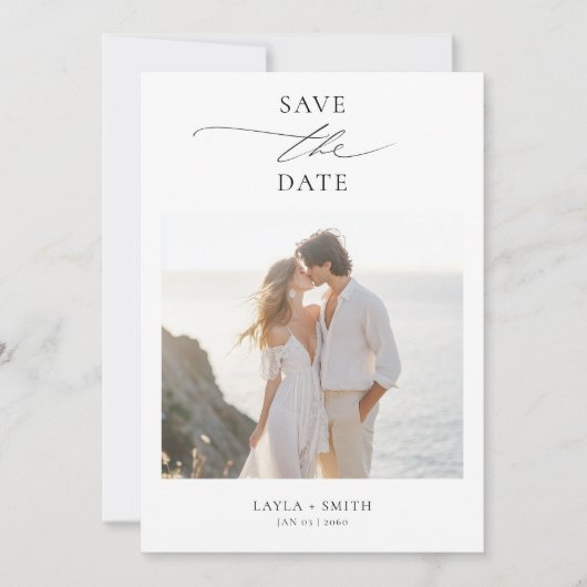 Save The Date Noir & Blanc Élégant Script 2 Photo Plage Mariage (Devant)
