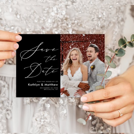 Save The Date Noir Blanc Élégant Script Mariage photo moderne