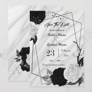 Save The Date noir blanc fleurs gris feuille marbre géométrique
