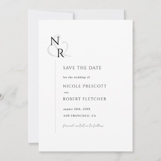 Save The Date Noir & Blanc Moderne Élégant Mariage Monogramme (Devant)