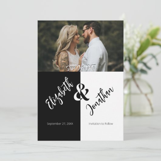 Save The Date Noir Blanc Moderne Simple Unique Mariage photo amu (Debout devant)