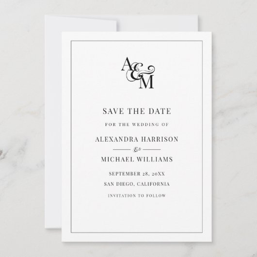 Save The Date Noir Blanc Monogramme Simple Élégant Mariage moder (Devant)
