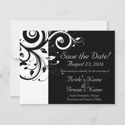 Save The Date Noir +Blanc Reverse Swirl Wedding Enregistrer la d (Devant)