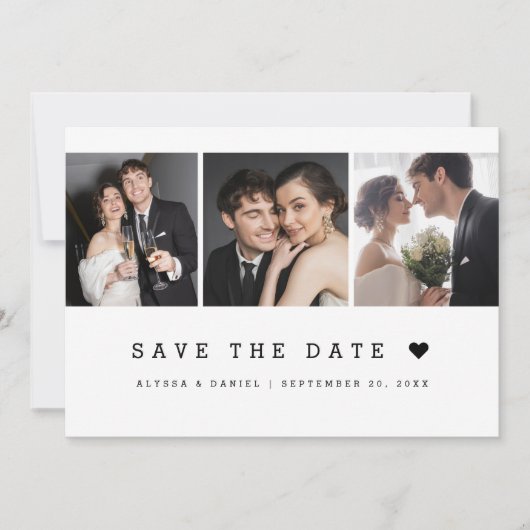 Save The Date Noir Blanc Simple coeur Moderne 3 Mariage photo (Devant)