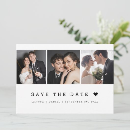 Save The Date Noir Blanc Simple coeur Moderne 3 Mariage photo (Debout devant)