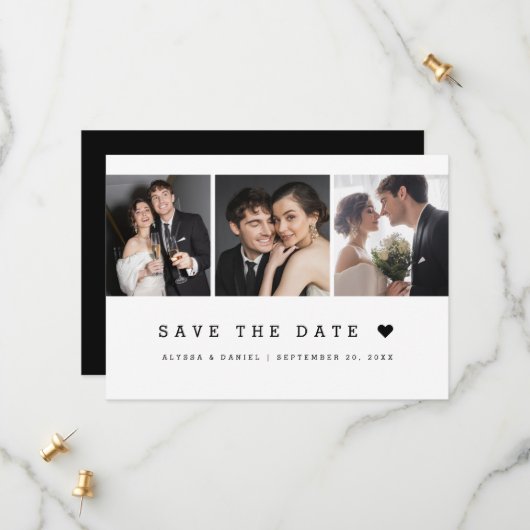 Save The Date Noir Blanc Simple coeur Moderne 3 Mariage photo (Devant/Arrière en situation)